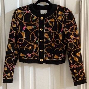 Citi Vintage Black Silk Equestrian Print Cropped Jacket w/ Corded Trim